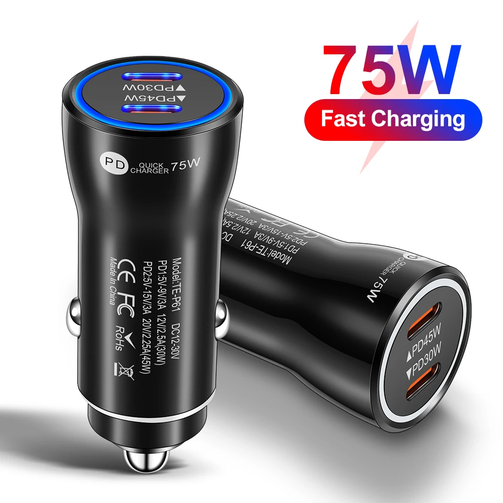 75W 2 Port USB C Car Charger with PD30W PD45W Fast Charging Type-c Car Plug Lighter Adapter for Phone