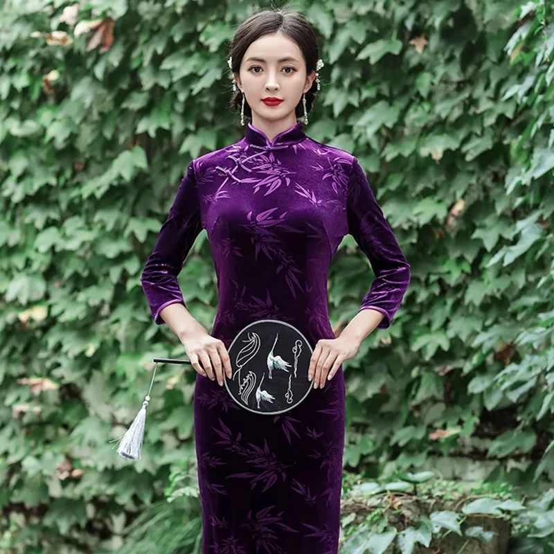 2023 New 4 Colors Women Purple Improved Cheongsam Long Sleeve Vintage Velvet Plus Size Dress Slim-fit Traditional Long Qipao