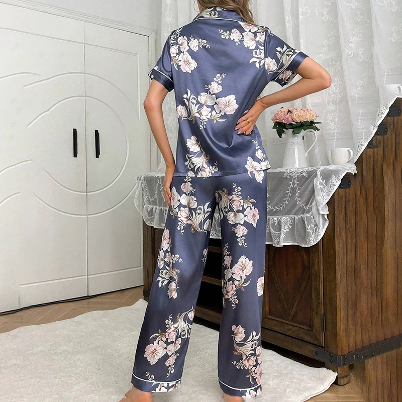 Women\'s Pajamas Pj Set Luxurious Satin Sleepwear Short Sleeve Button Up Top with Lapel Collar & Elastic Waist Pants Pyjama Femme