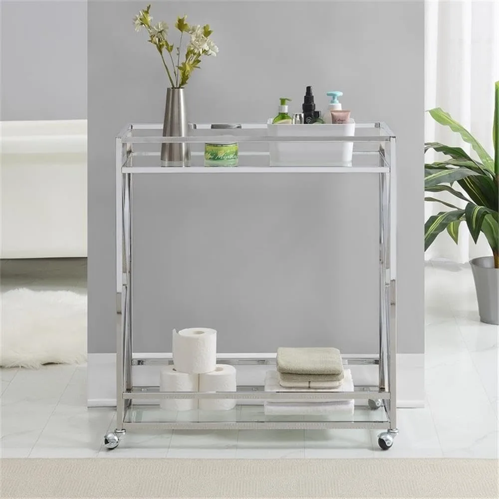 Chrome Metal Glass Bar Cart 2-Tier Shelving Locking Wheels 29.25x14x32.75 in
