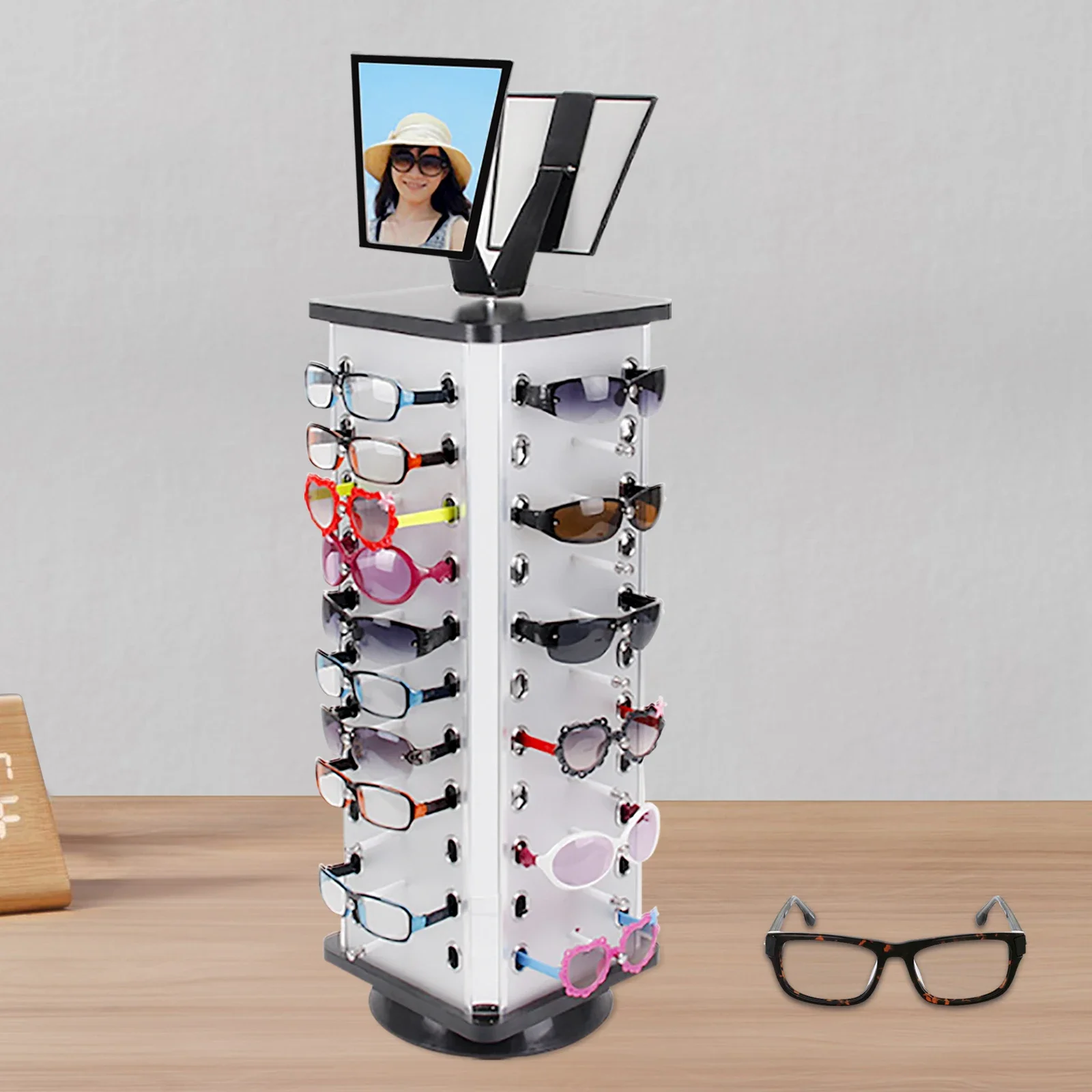 Bymaocar Sunglass Display Stand Holder 360° Rotating Sunglasses Display Rack with Mirror Sunglass Carousel Racks