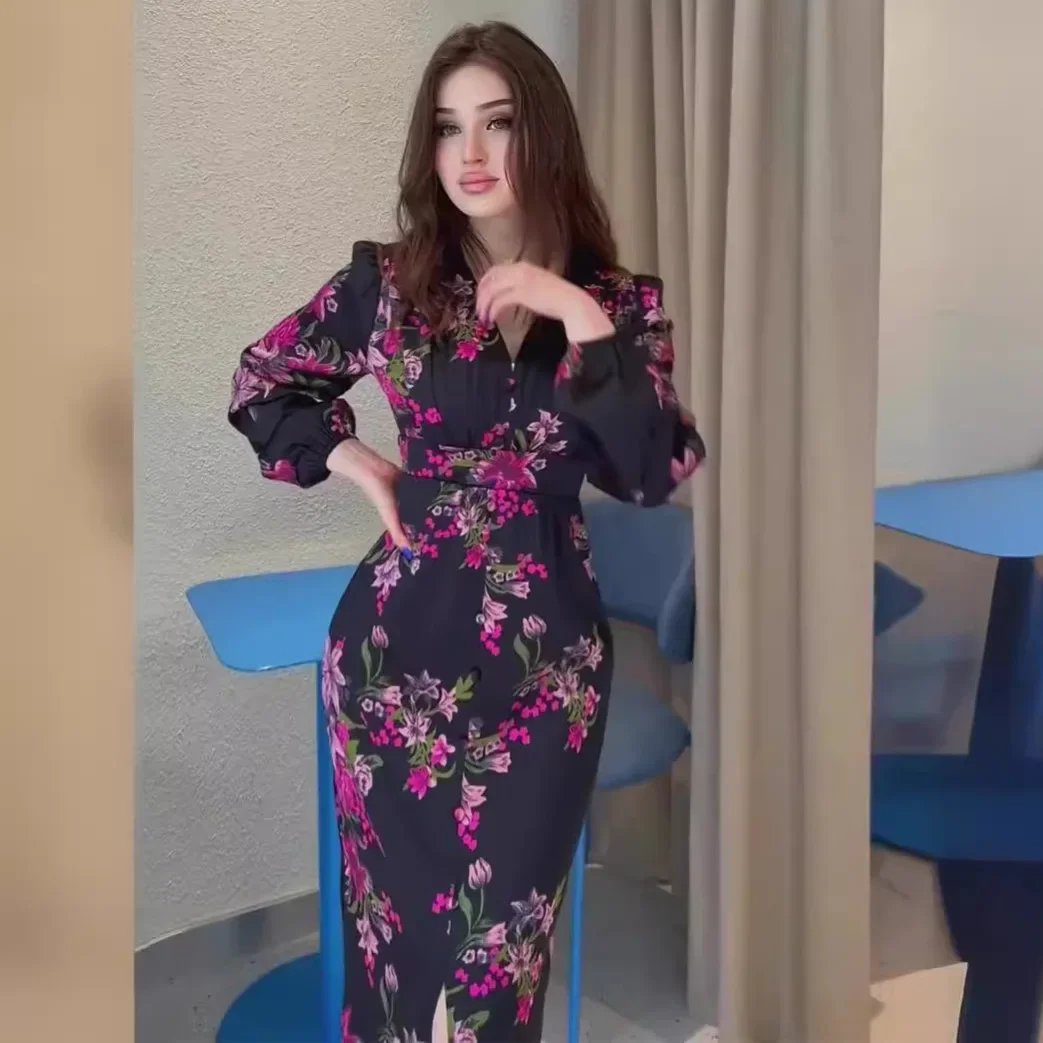 Feminino vintage impressão com decote em v manga longa cintura fenda vestido feminino verão temperamento emagrecimento saia longa planta flor padrão