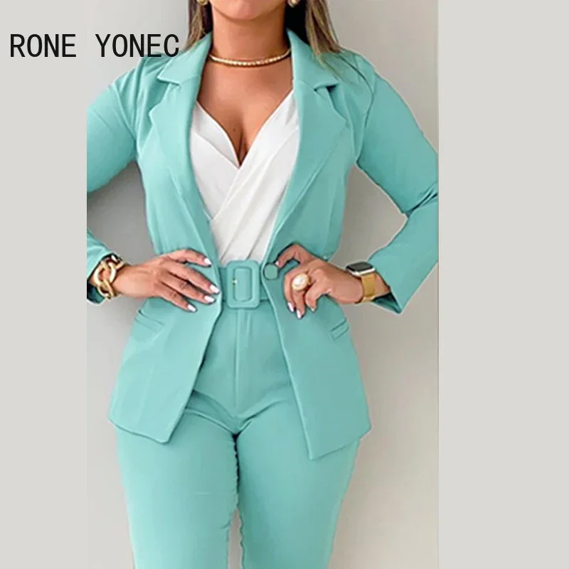 Women Solid Working Long Sleeves Jacket with Belts Deep V Neck Inside Spring/Autumn Calf-length Pants Blazer Sets