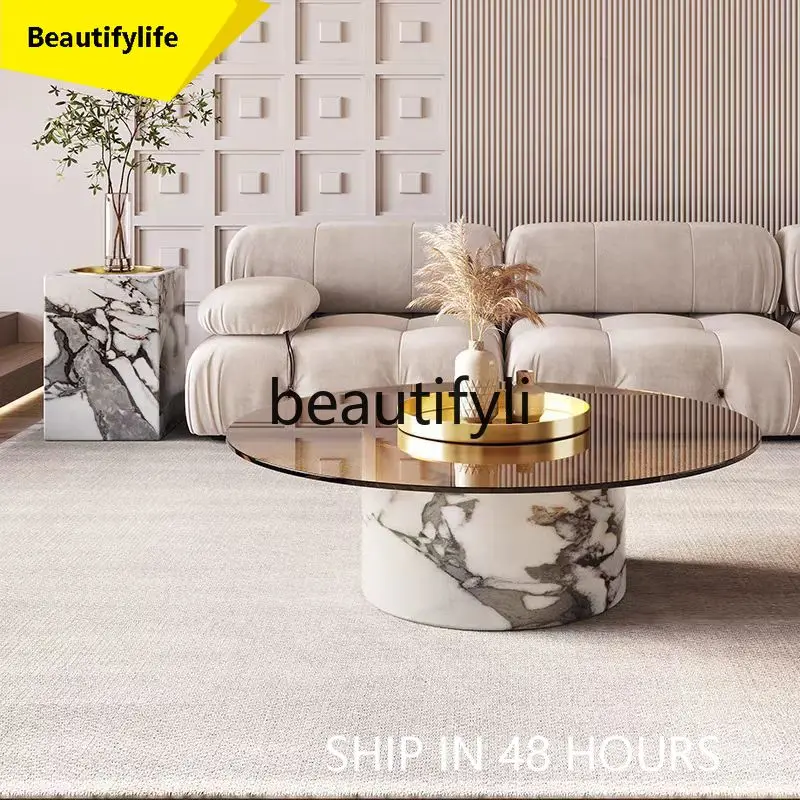 

A53 Light Luxury Marble Glass Coffee Table Living Room Round Designer Style Round Coffee Table Combination