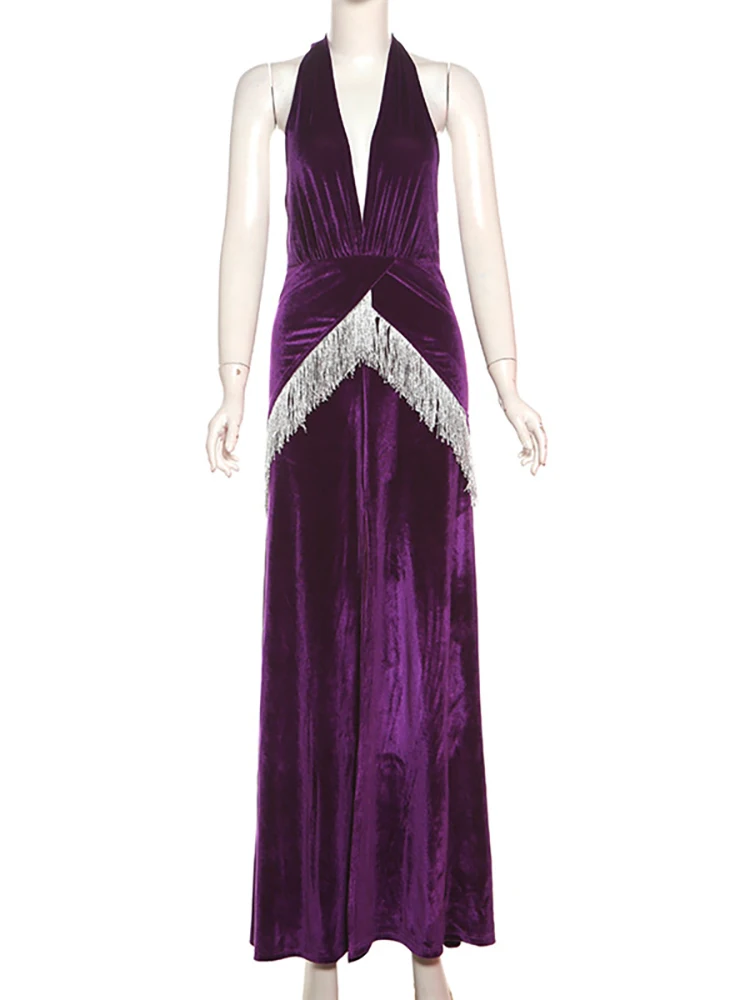 JULISSA MO Sexy Deep V-neck High Slit Tassel Women Maxi Dress Purple Backless Evening Dress Female Autumn Slim Elegant Partywear