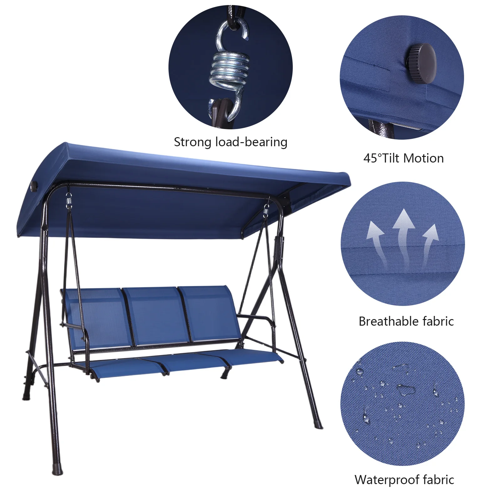 Balanços de pátio ao ar livre de 3 lugares com dossel balanço de varanda ajustável com suporte almofadas de atualização e bandeja lateral dobrável para