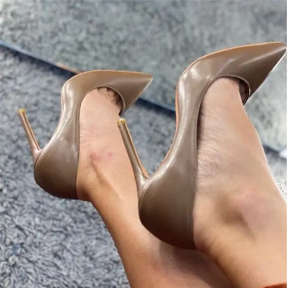 Sexy Pointed Toe High Heel Shoes Slip On Stiletto Pumps Browm Patent Leather Women Shoes Office Casual Shallow Pumps Big Size46