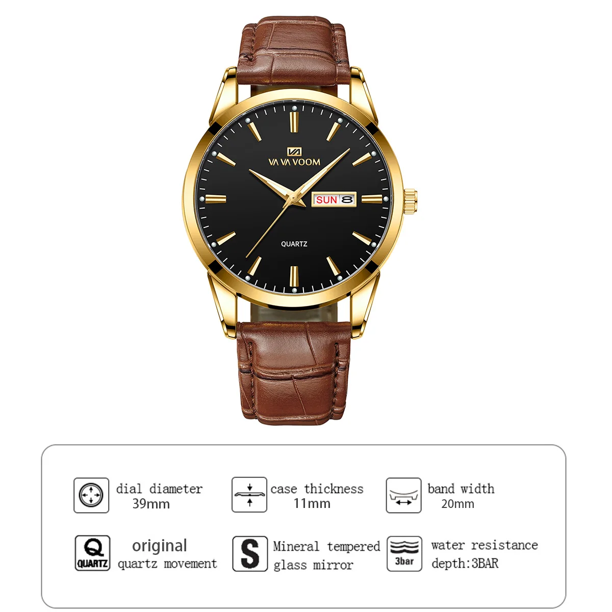VA VOOM Classic Men Watch Week Quartz Movement Black Leather 3Bar Waterproof Military Style Sports Clock Business Dress Watches