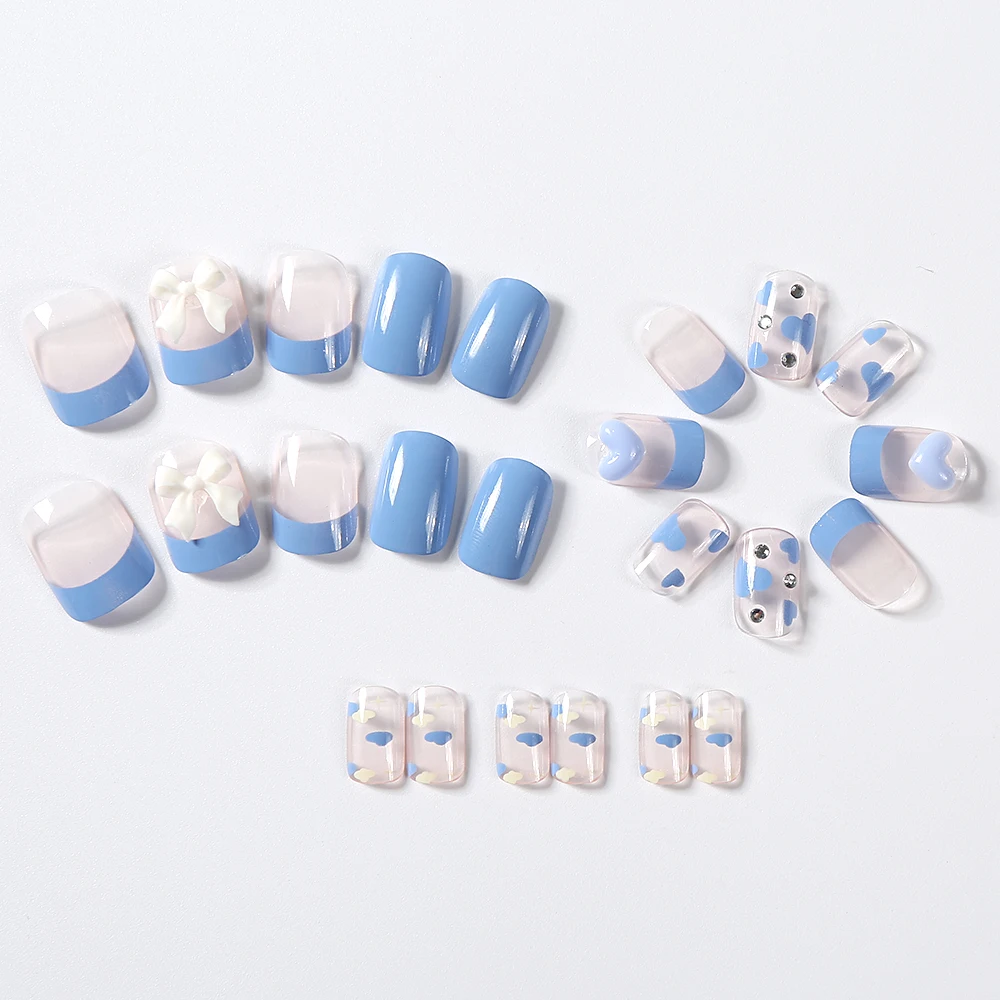 24 Pcs Kawaii Clouds Design Fake Nails with 3D Heart Charms Blue French Short Square Press On Nails with Adhesive Nail File Set