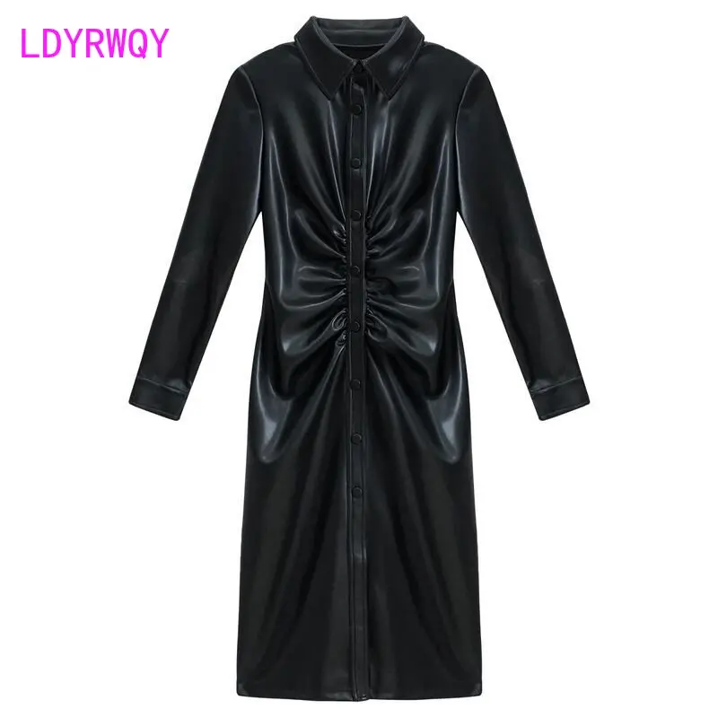 Black PU2023 new style autumn and winter waist closing temperament fashion slim slim bag bottom split dress