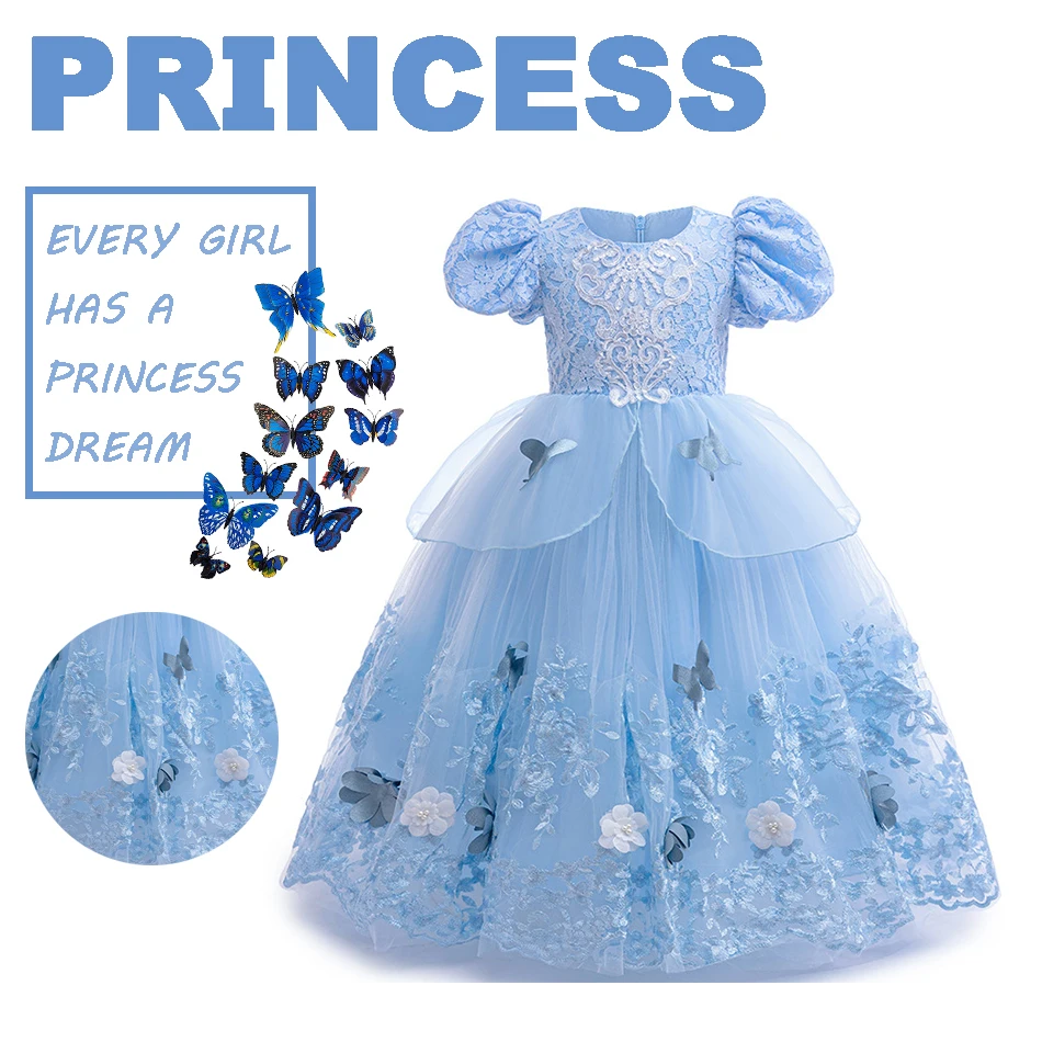 Girl Blue Princess Dress2025 New Cinderella Dress Kids Performance Costume Halloween Girls Butterfly Puffy Gown Casual Outfit