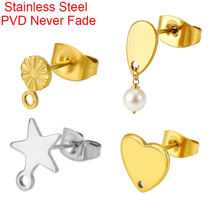 20pcs Stainless Steel Star Heart Studs Earrings Making With Stopper PVD Anti Allergy Earring Clasps Hooks Diy Jewelry Findings