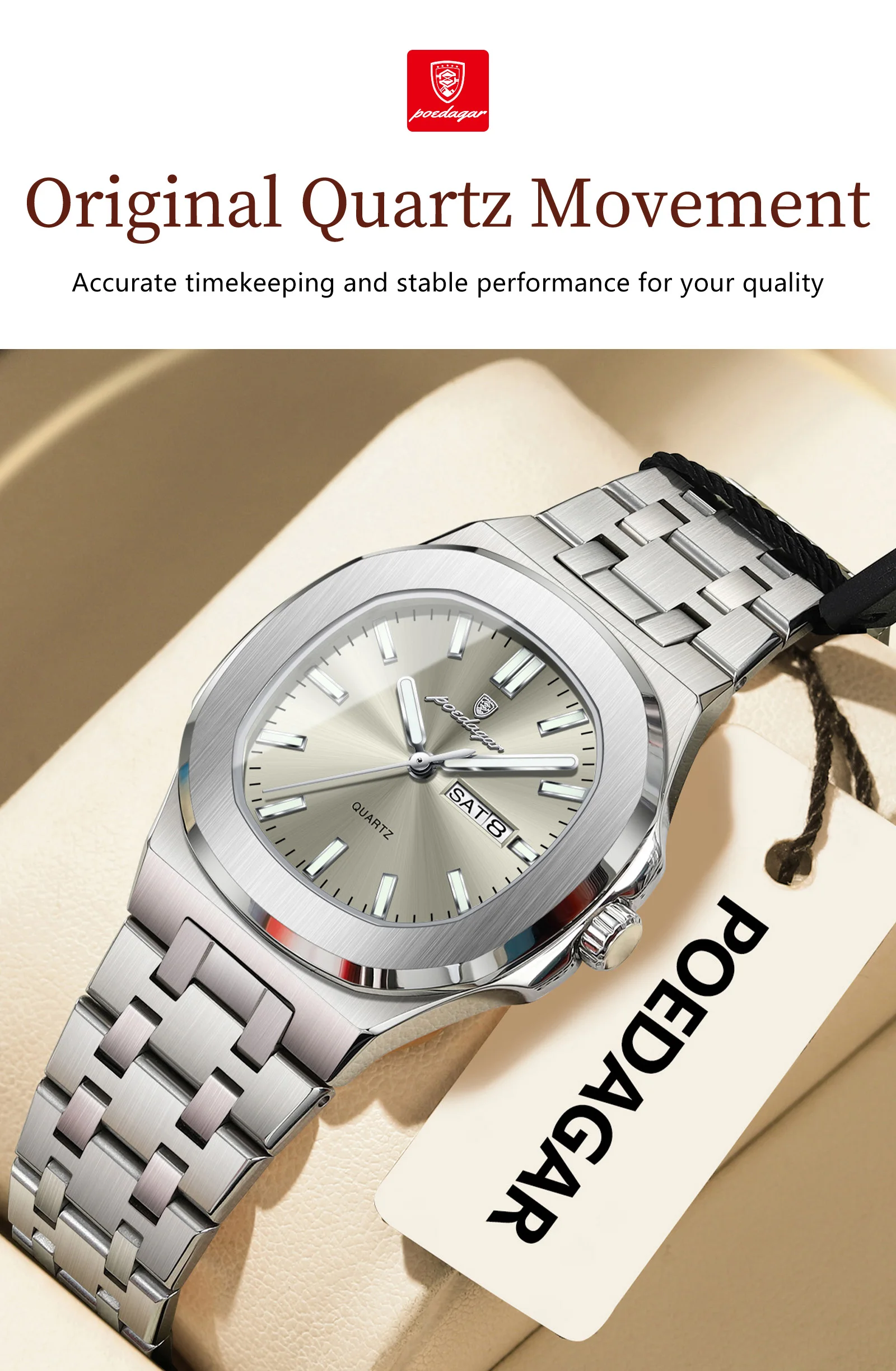 POEDAGAR Quadratische Damenuhr Datum Woche Wasserdicht Leuchtende Damenuhr Edelstahl Quarz Mode Damenuhren Reloj Geschenk – Detail 6