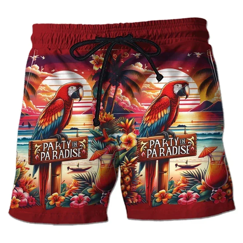 Summer Hawaiian Parrot Print Boardshorts Unisex for Men, Teens & Young Adults, Quick Dry Loose Fit Casual Beach Swim Shorts