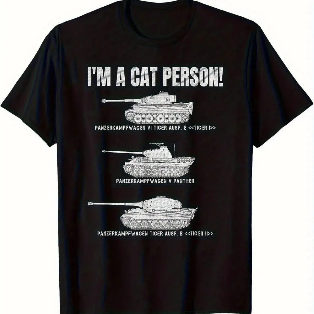 Panzer VI Tiger Panther Tank Funny Cat Person Graphic Tee Military Enthusiast Relaxed Fit Black Casual Vacation Gift Outfit Tops