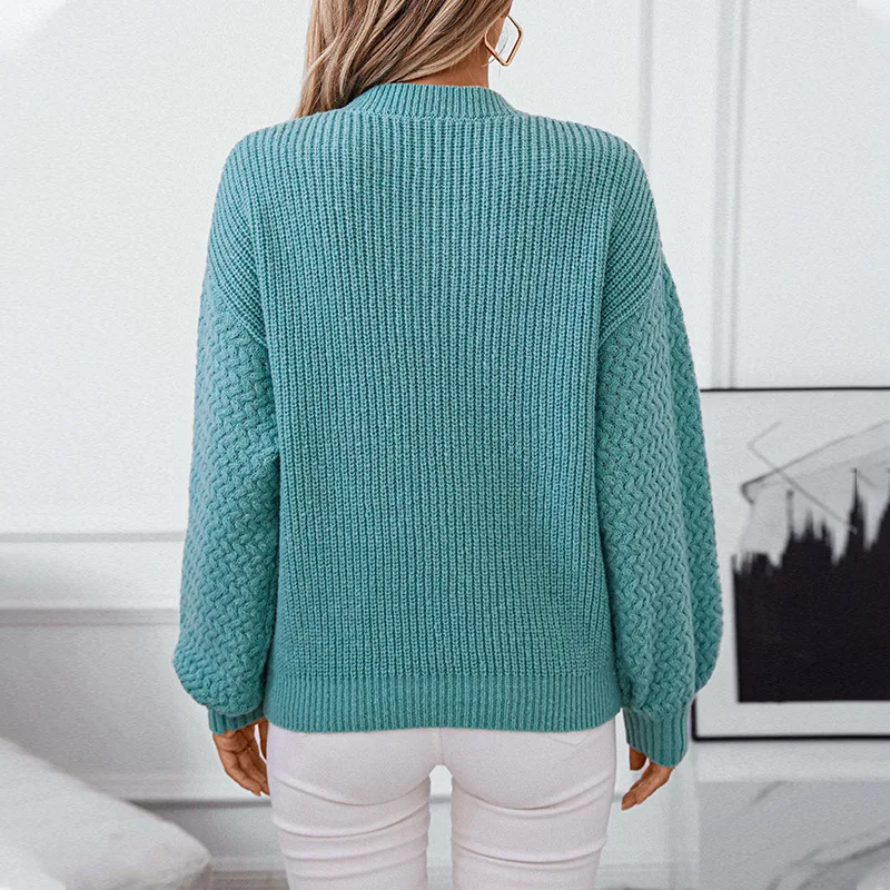 Solid color pocket pullover women's sweater autumn and winter new item European and American cross-border casual round neck long