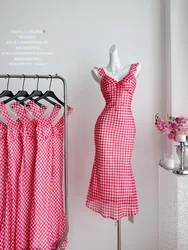 Harajuku Red Mermaid Dress Bow Sleeveless Elegant Sexy Plaid Trumpet Dress Gyaru Square Collar Prom Gown Backless Streetwear Y2K