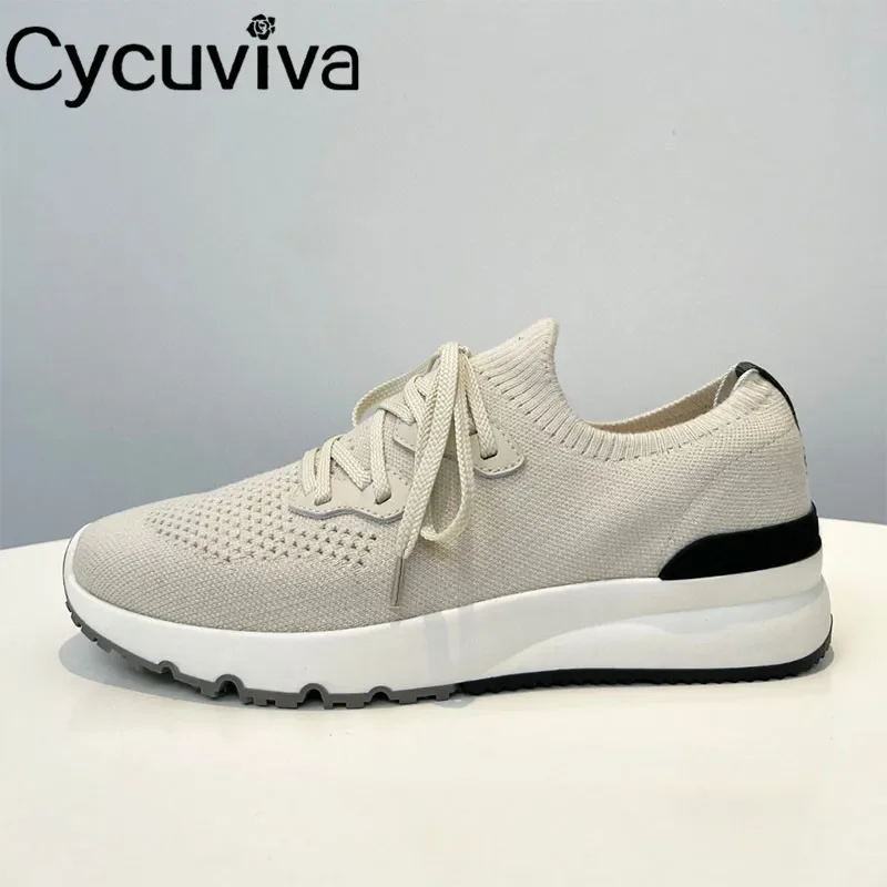 New Hot Sale Knitted Lace Up Flat Shoes Men Thick Sole Breathable Mesh Casual Sneakers Male Autumn Comfort Flat Walk Shoes Men