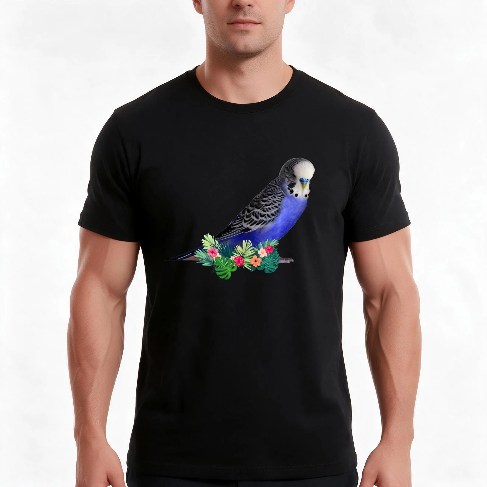 Blue Budgie Parakeet with Tropical Flowers T-Shirt, Summer Casual Cotton Tee, Oversized Streetwear Tops, Vintage Graphic Print