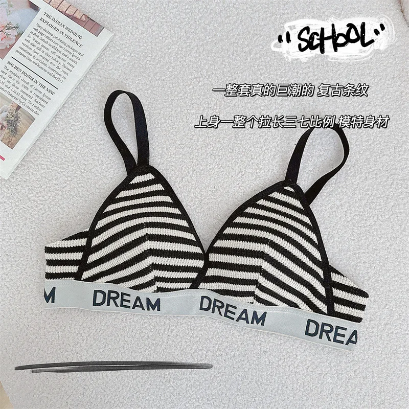 Women\'s Bra Briefs Set Sexy Striped Underwear Fashion Push Up Brassiere Girl No Steel Ring Small Breast Female Lingerie Suit