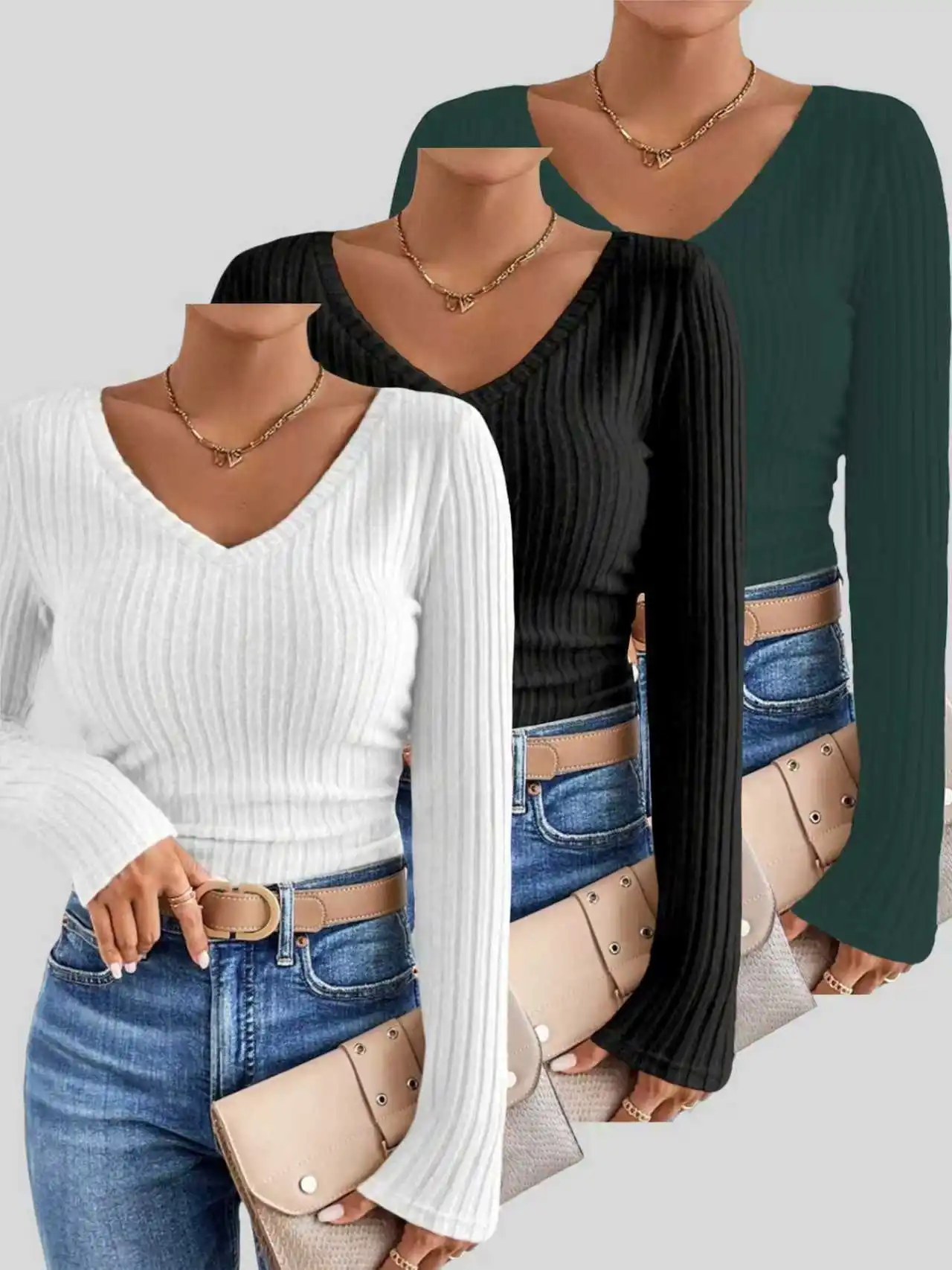 

Новый элегантный однотонный комплект футболок с v-образным вырезом и длинными рукавами для женщин.