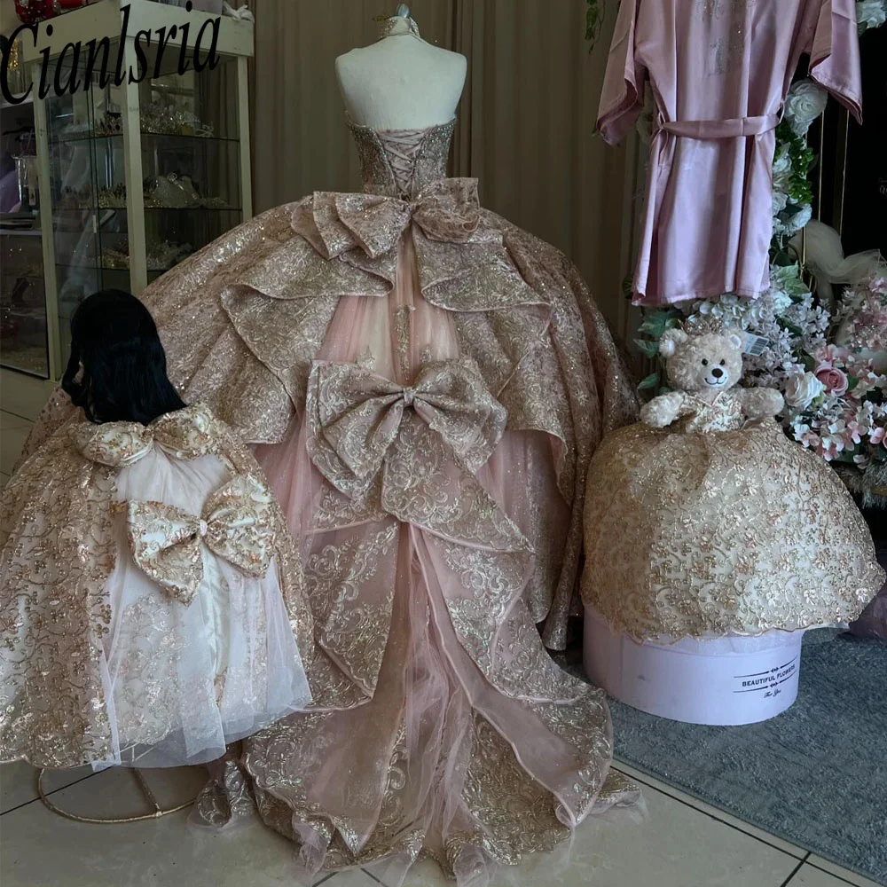 Vestidos de quinceañera rosa brillante, vestido de baile dulce, 16 apliques, cuentas, lazo, lentejuelas, fiesta de graduación, 15