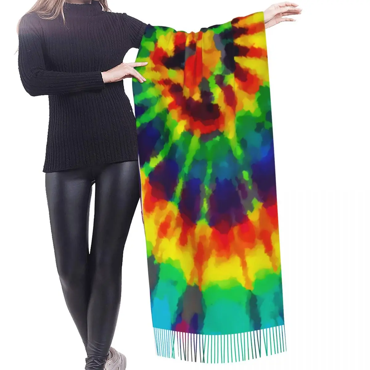 Custom Very Colorful Tie Dye Tassel Scarf Women Soft Traditional Dyeing Art Shawls Wraps Lady Winter Scarves