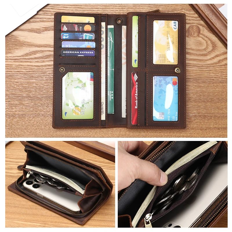 Роскошный мужской кошелек Crazy Horse из натуральной кожи, длинный многофункциональный кошелек для визитных карточек, брендовый модный женский кошелек