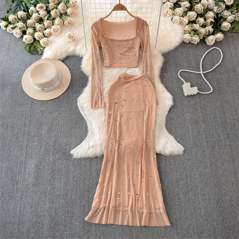 

High End Heavy Industry Sparkling Diamond Suspender Top For Women In Autumn, Slim Fit And Slimming, Waist Hugging Skirt, Evening