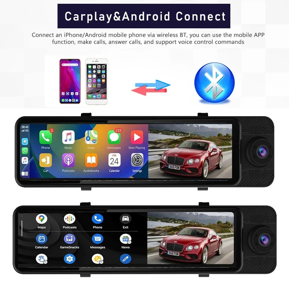 10.99Inch 3 CHs Triple Way Front Rear And Right 2.5K Rearview Mirror Dash Cam With GPS Carplay & Android Auto WIFI Phone APP