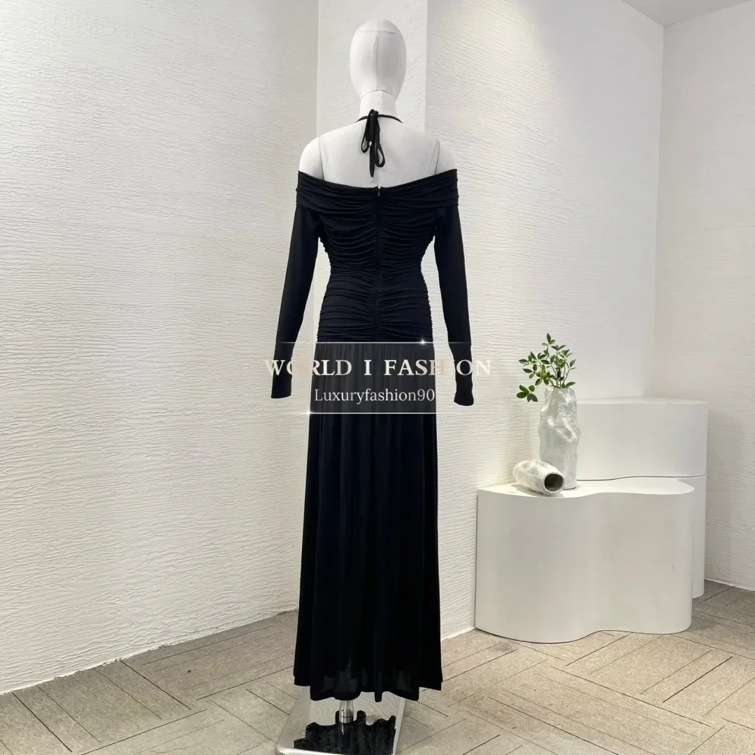 فستان ماكسي أسود عالي الجودة بأكمام طويلة مع رسن مكشوف الكتفين وخصر مقصوص 2025 #3