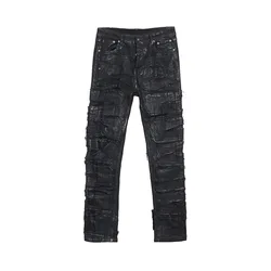 Men Wax Denim Jeans Cotton Casual Men's Clothing Coated Autumn Straight Solid High Street Black Jeans Long Pants