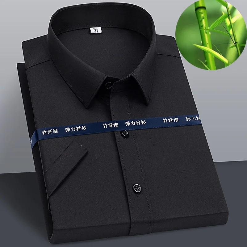 New Bamboo Fiber Shirt Short Sleeve Anti-wrinkle Classic Solid Color Work Blue White Shirt Men Short Sleeve Slim Fit Big Size