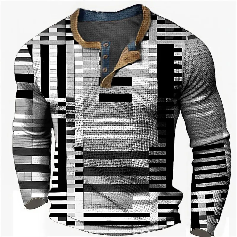 3D Print Pixel Style Henry T-Shirt For Men Women Fashion Plaid Graphic Long Sleeve Top Autumn Winter Loose Casual Unisex Clothes