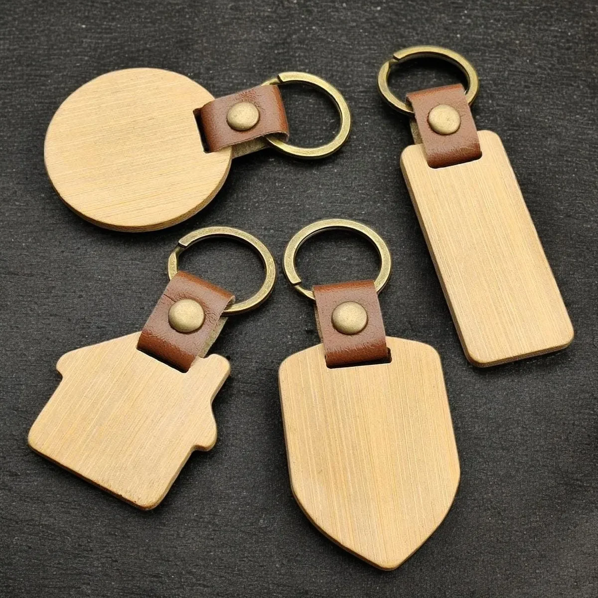 Custom Logo Name Wood Leather Keychain Shield House Circle Rectangle Keyring Key Chain Ring Individualization Originality Gift