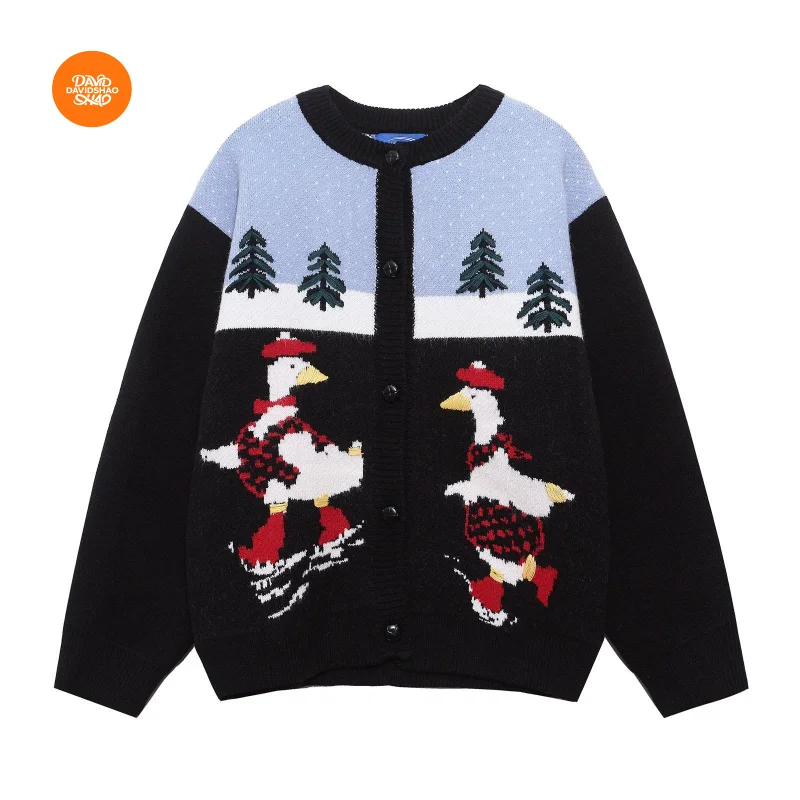 

DAVIDSHAO EU US Size High Quality Luxury Clothing Retro Fun Cartoon Jacquard Holiday Unisex Autumn Winter Cardigan Sweater
