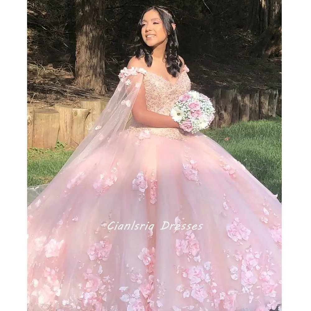 Vestido de quinceañera rosa con flores 3D, faja con lazo, vestido de quinceañera, manga larga, perlas, apliques florales, corsé de encaje, fiesta para 15 niñas