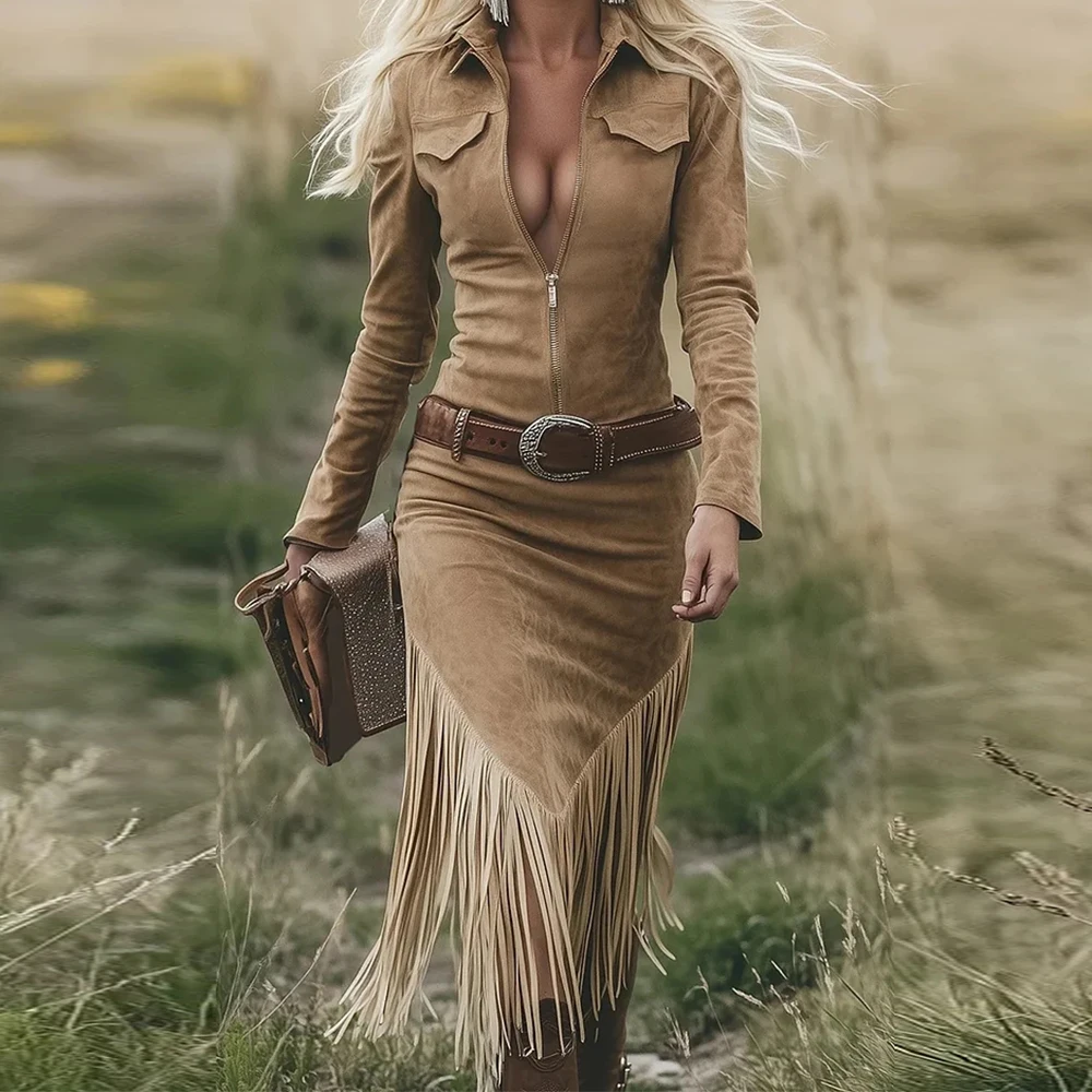 فستان نسائي عتيق لراعية البقر الغربية مع سحاب وأكمام طويلة للخريف بحاشية شرابة فساتين رداء ميدي أنيقة للسيدات