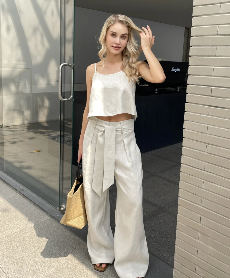 2024 Women Fashion Linen Top Pants 2 pcs Sets Summer Sets