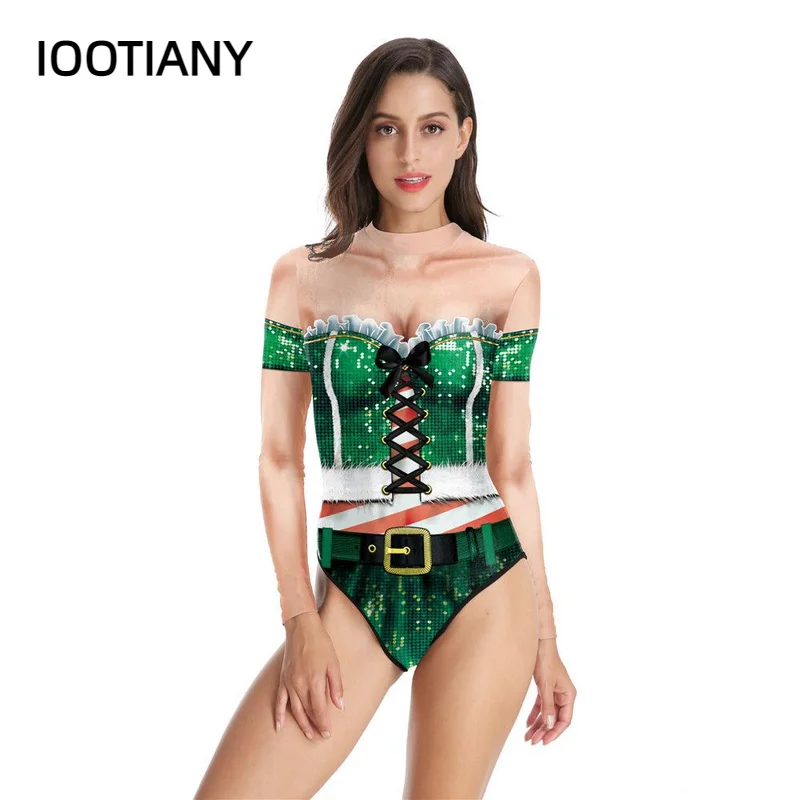 

IOOTIANY Women Sexy XMAS Party Bodysuits Print Stretchy Long Sleeve Thong Jumpsuit Bodycon Christmas Girl Playsuits