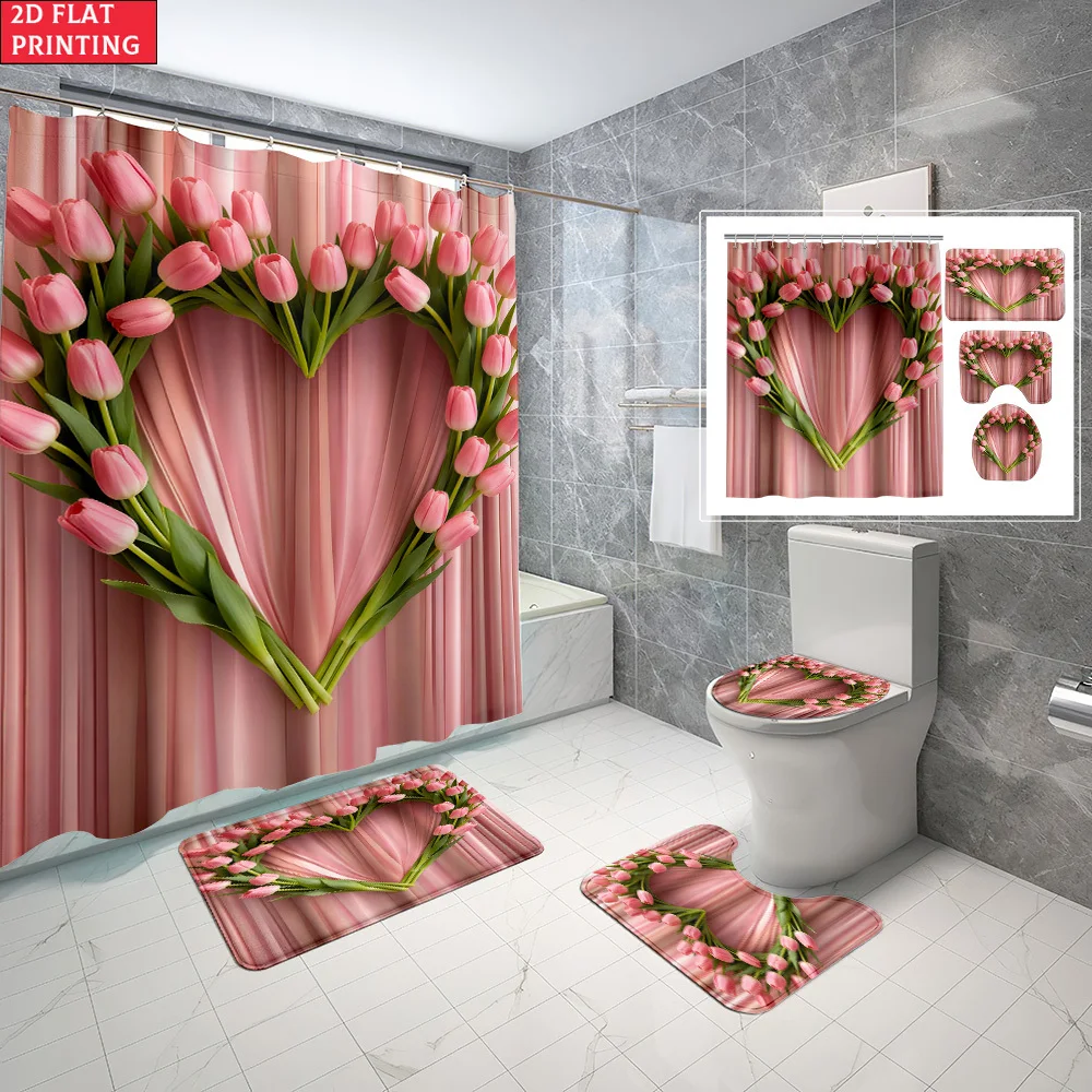 

1pc/4pcs Shower Curtain and Bath Mat Set with Pink Tulips Heart Pattern On Pink Background Non-Slip Bathroom Decor, with 12hooks