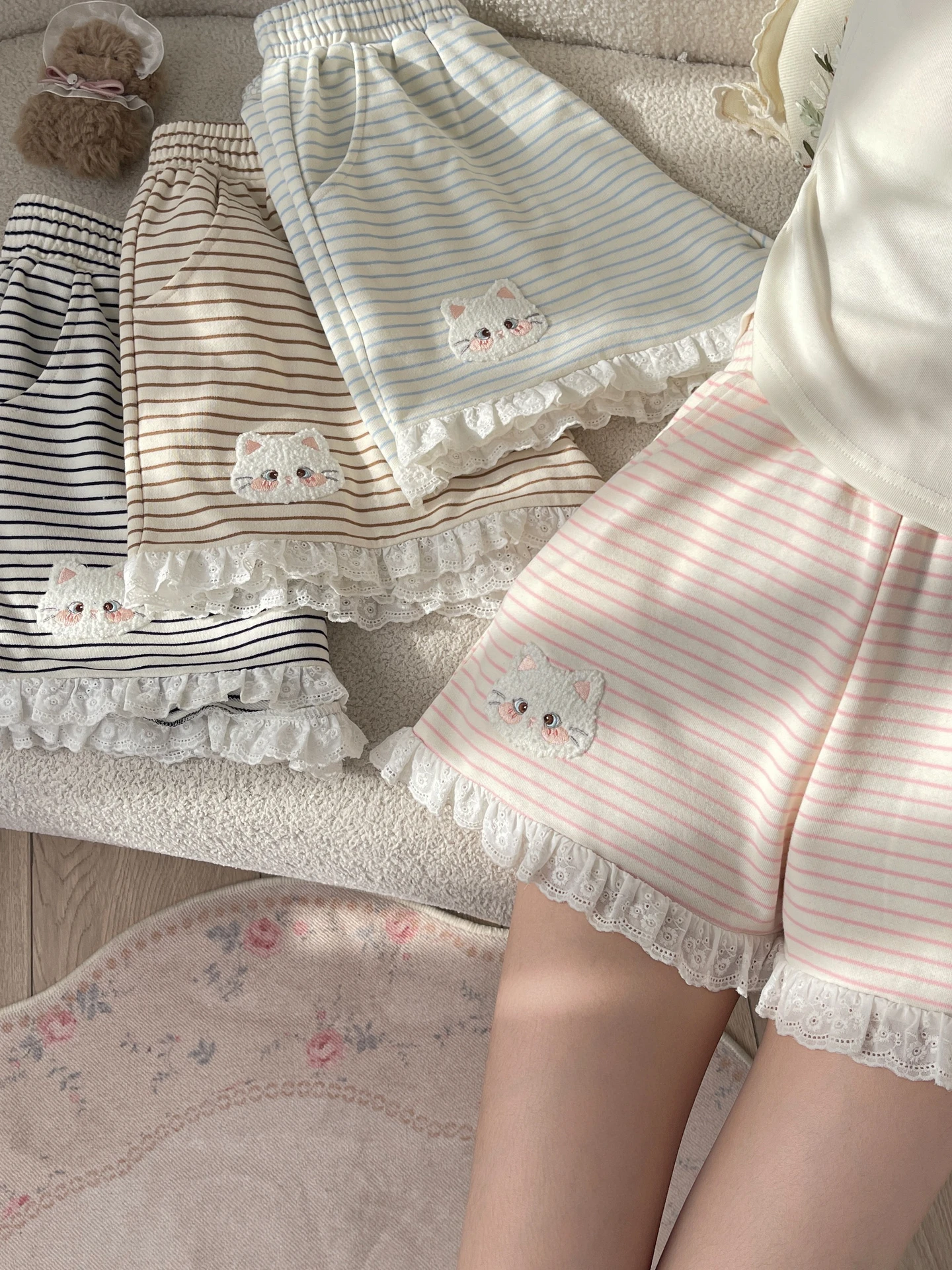 High Waist Short Pants Women's Soft Girl Style  Embroidery Lace Casual Loose Home Shorts Sweet Style School Bag Pocket