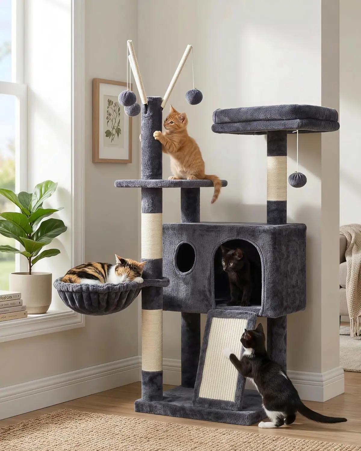 

Cat Tree Tower, Scratching Posts With Removable Toys, Cozy Condo, Platform, Hammock, Sisal Scratch Board And Ball Fo