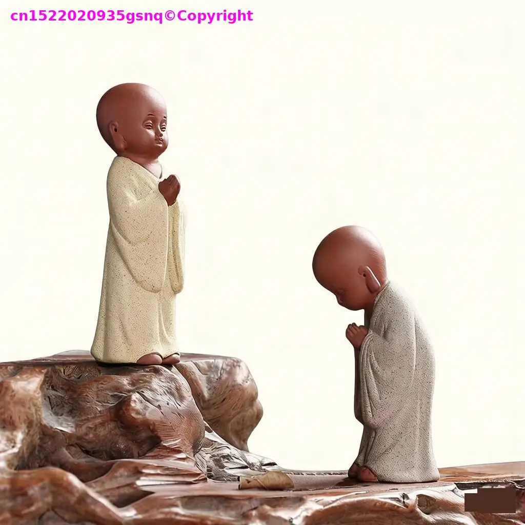 2PCS Holy pottery figure handmade purple clay small buddha Monk Prayer Buddha idol home ornament Buddhist lama monk worship