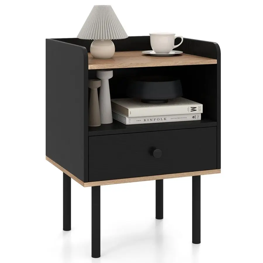 Bedside Table, Wooden Nightstand End Sofa Side Table with Drawer, Open Storage Shelves and Metal Legs, Modern Small Bedside Cab