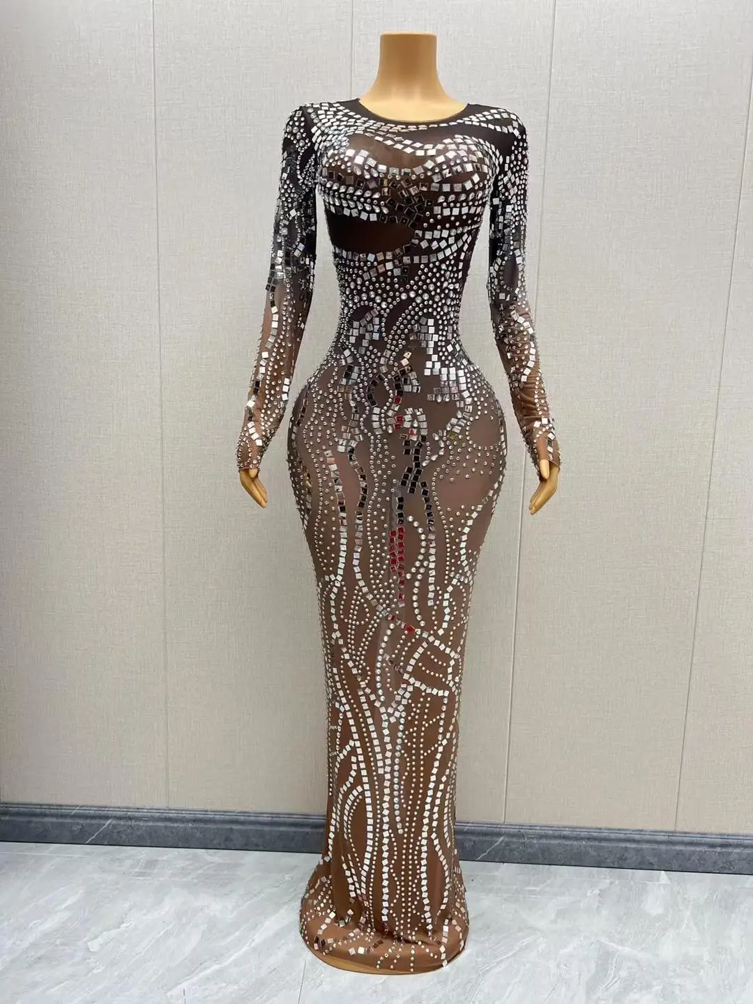Lianpianchousheng – robe longue en maille transparente avec cristaux et miroirs argentés scintillants, tenue moulante pour femmes, tenue de bal d'anniversaire