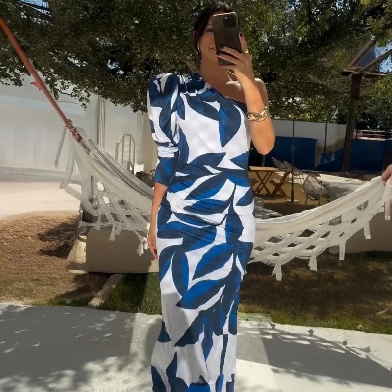 

Summer New Arrival Asymmetric Hem Trendy Dress Chic Printed Slant Neckline Puff Sleeve Dress Women's Fashion Long Slit Dresses