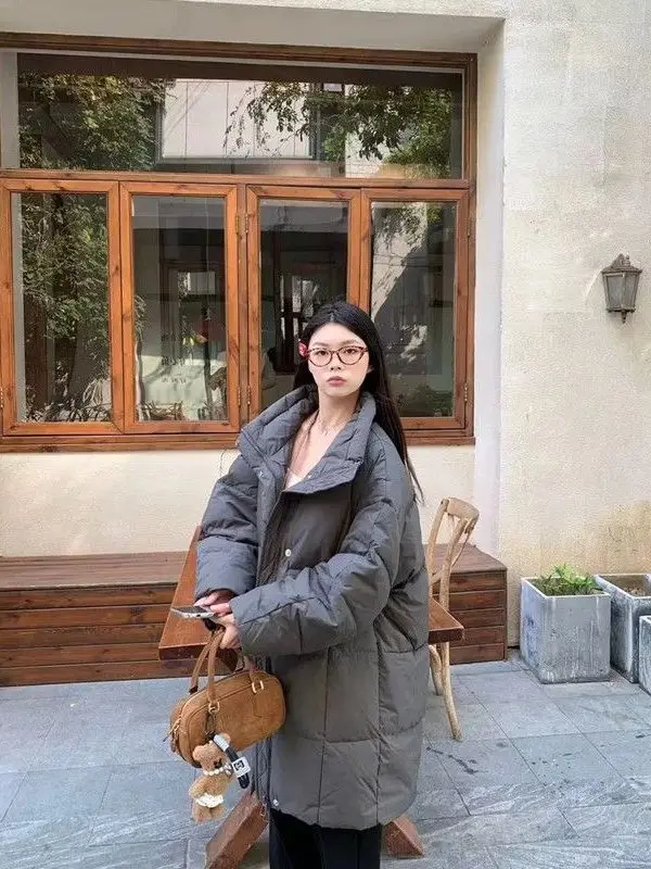 เสื้อแจ็คเก็ตผ้าฝ้ายสำหรับผู้หญิงไซส์ใหญ่ ทรงหลวม คอตั้ง ใส่สบาย อุ่นในฤดูหนาว สไตล์เกาหลี เรียบง่าย