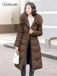 Vielleicht New 2024 Warm Thick Long Parkas Winter Women Puffer Jacket Elegant Winter Fur Hooded Women Clothes Cotton Padded Coat