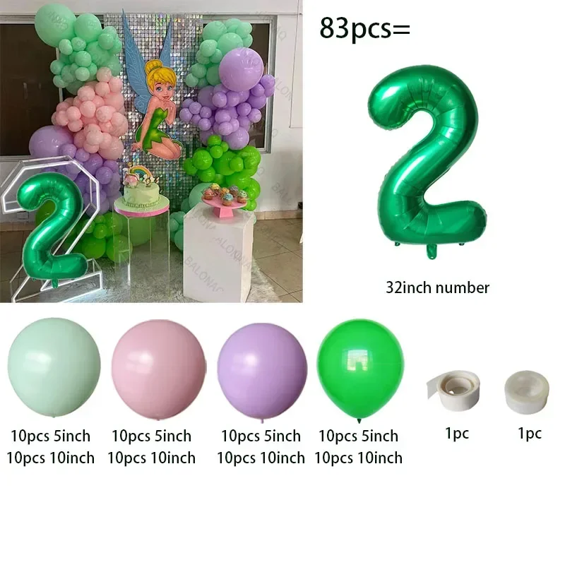 83pcs Little Fairy Balloon Green Dragonfly Princess Digital Balloon 1 2 3 4 5 6st Girl\'s Birthday Party Balloon Baby Shower Ball